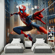 Spider-Man wall mural bringing excitement to a modern kids bedroom, with blue and red accents matching the design