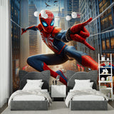 Spider-Man wall mural bringing excitement to a modern kids bedroom, with blue and red accents matching the design
