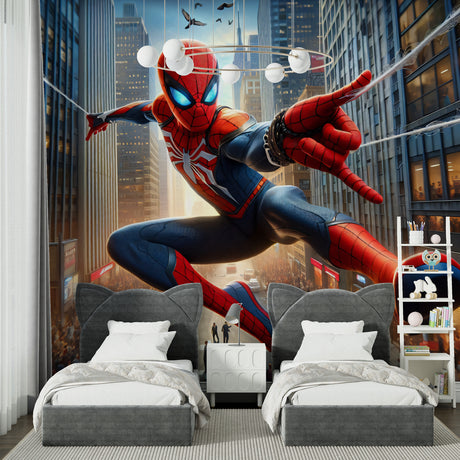 Spider-Man wall mural bringing excitement to a modern kids bedroom, with blue and red accents matching the design
