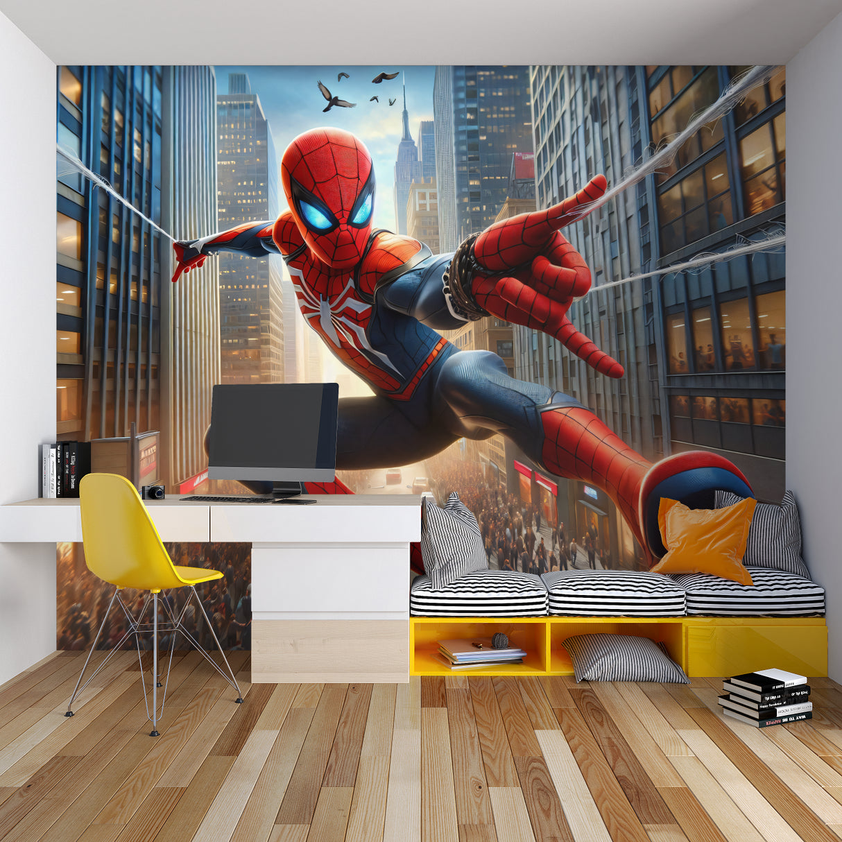 Superhero wall mural showcased in a modern family room with matching furniture and lighting