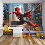 Superhero wall mural showcased in a modern family room with matching furniture and lighting