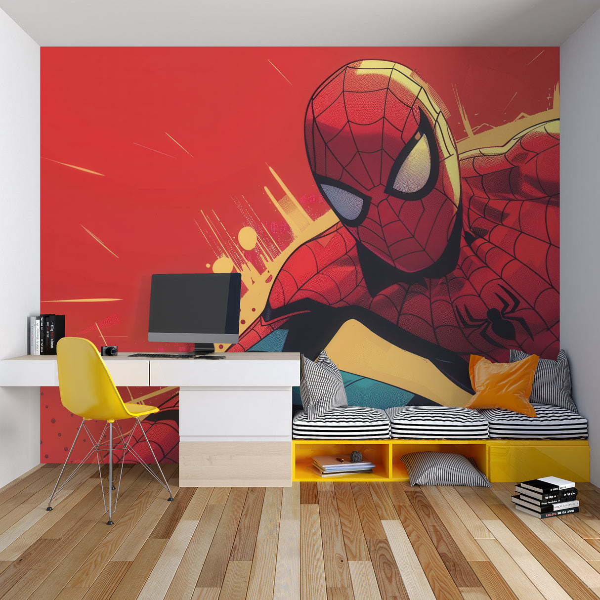 Superhero wall design featuring Spider-Man in a collector's media room