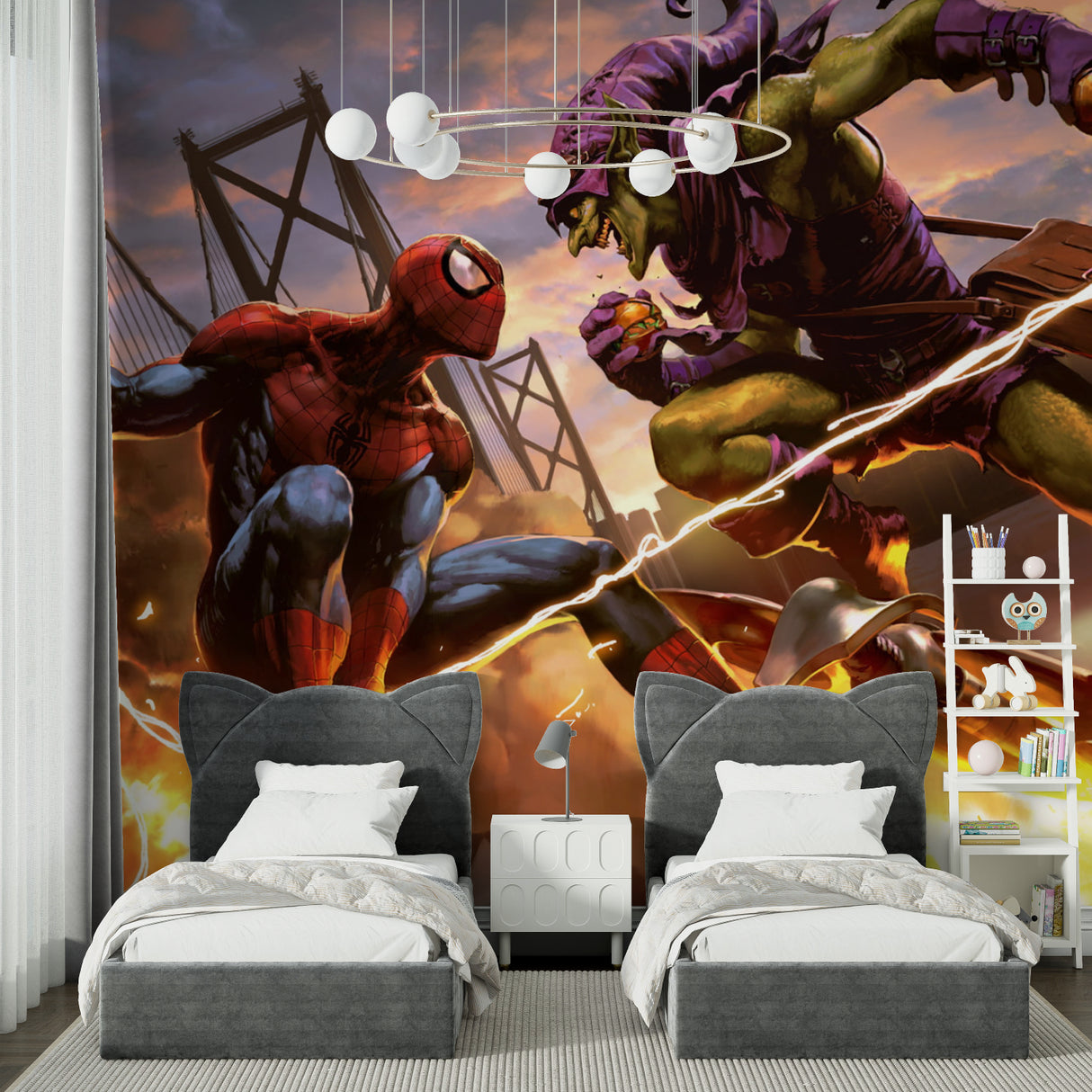 Spider-Man battle scene mural wallpaper in modern teen bedroom showing dynamic sunset cityscape