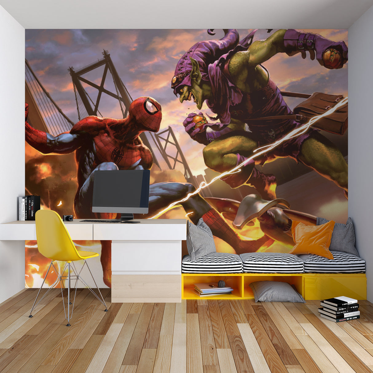 Superhero wall mural featuring Spider-Man in gaming room setup with LED lighting