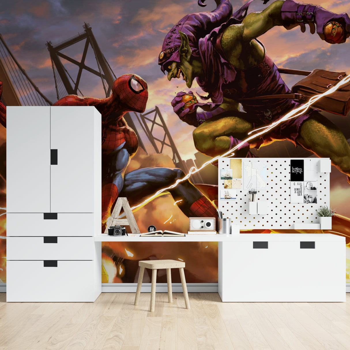 Comic book style Spider-Man wallpaper installed in kids playroom showing scale