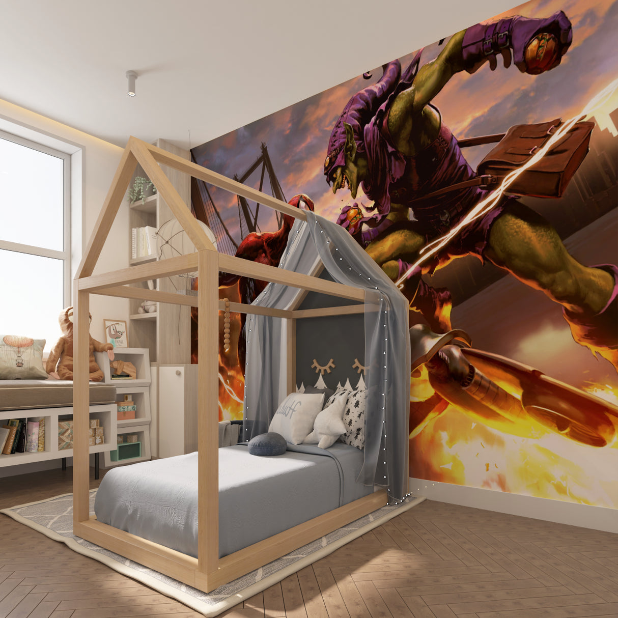 Action hero mural in entertainment room highlighting vibrant colors