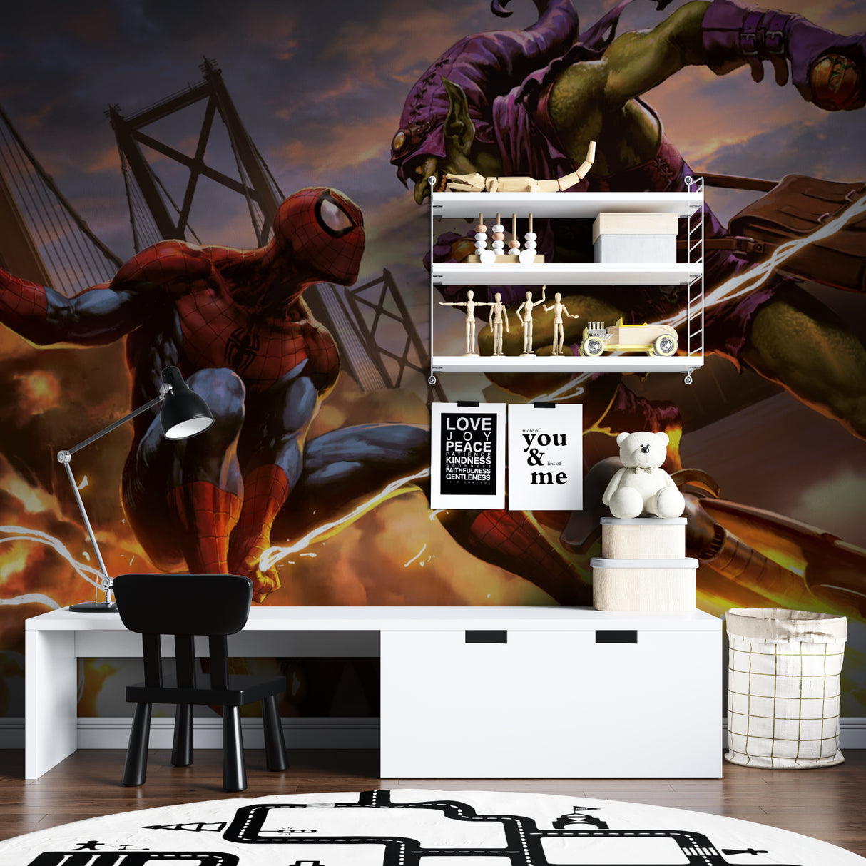 Spider-Man wallpaper mural in home theater showing dramatic lighting effects