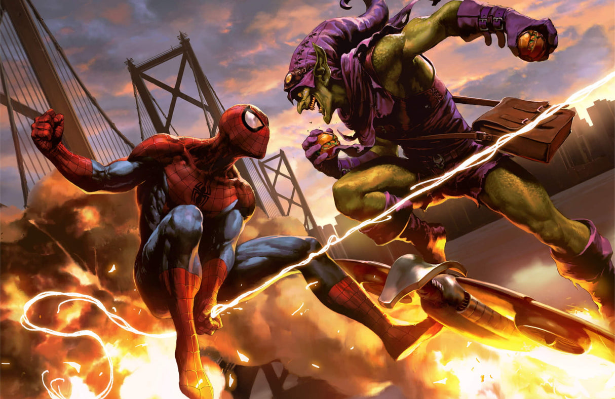 Spider-Man battle scene design file showing full pattern and intense color detail