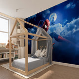 Spider-Man wallpaper bringing adventure to a modern kids bedroom with blue accent lighting
