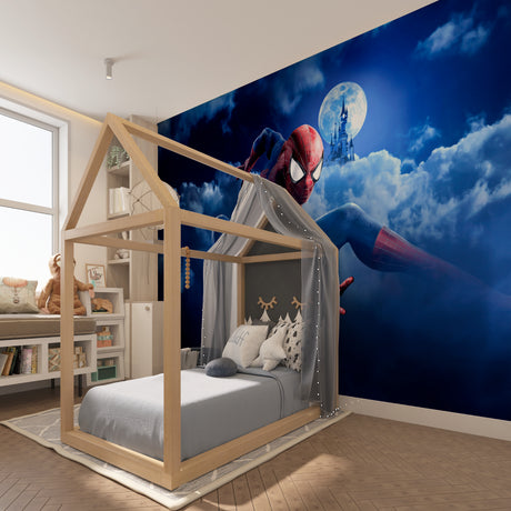 Spider-Man wallpaper bringing adventure to a modern kids bedroom with blue accent lighting