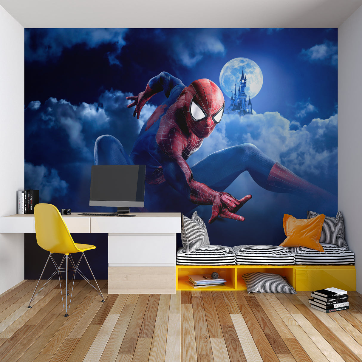 Superhero mural in a playroom showing Spider-Man swinging across moonlit scene