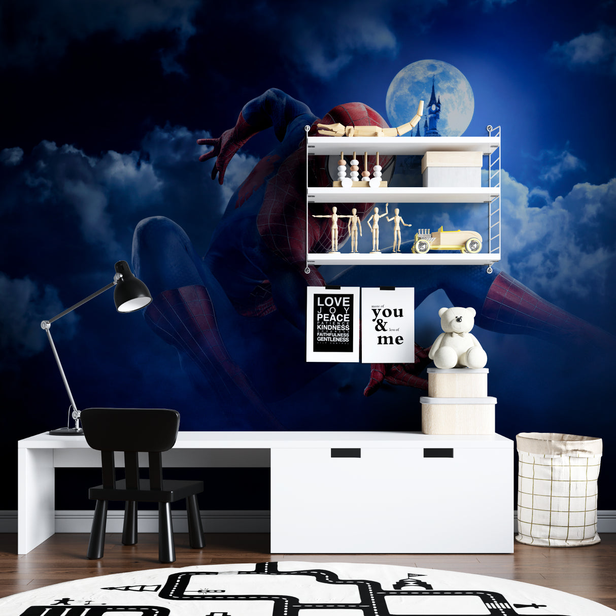 Spider-Man wall mural creating magical atmosphere in child's study corner