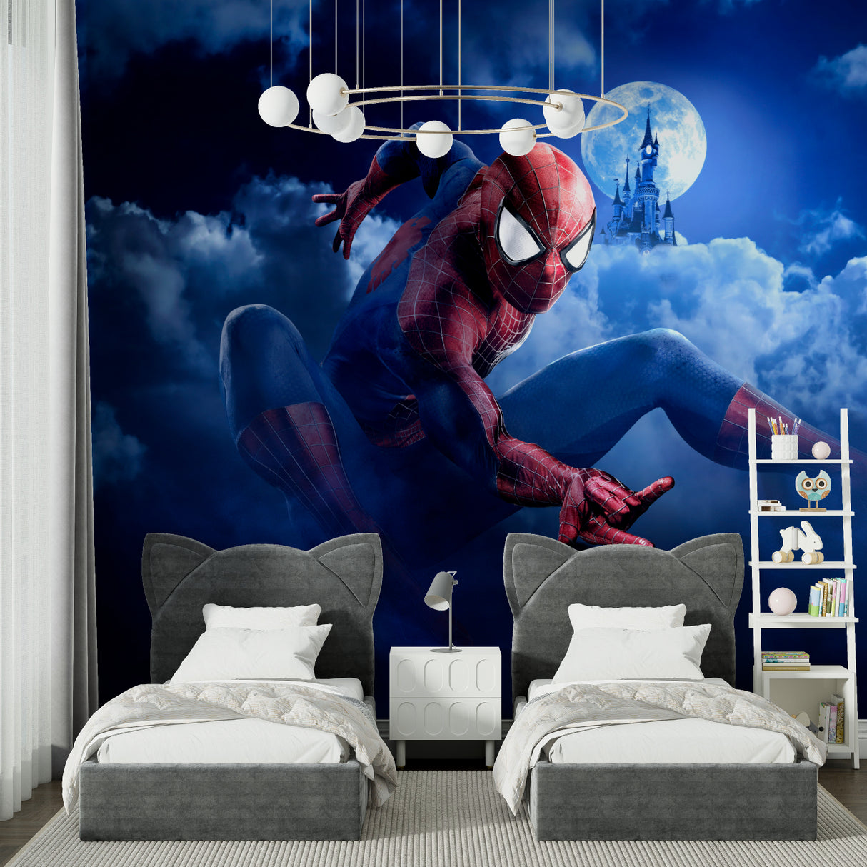 Action hero wallpaper showcased in teen bedroom with mood lighting