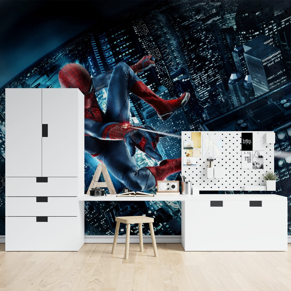 Spider-Man wall mural brings superhero action to a modern kids bedroom with blue accent lighting
