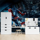 Spider-Man wall mural brings superhero action to a modern kids bedroom with blue accent lighting