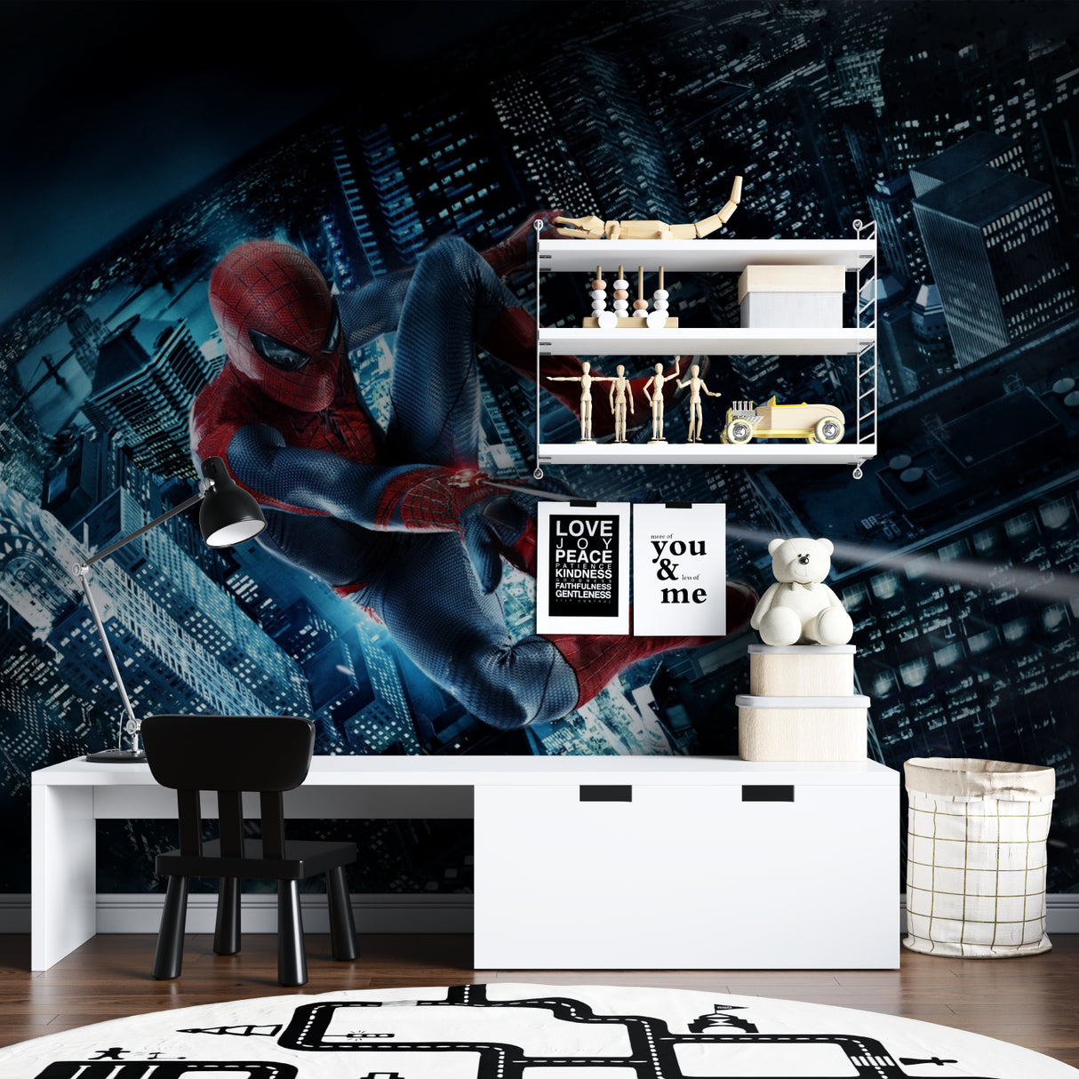 Superhero wallpaper transforms gaming room with dramatic city nightscape and web-slinger action