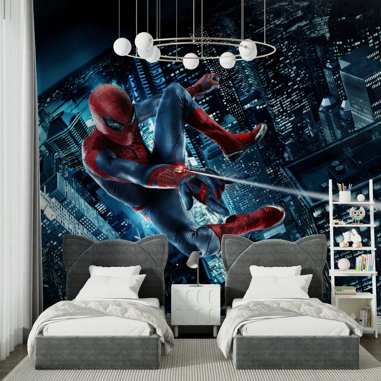 Spider-Man mural adds excitement to teen bedroom with night city lights and dynamic pose