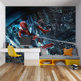 Comic book wall mural brings urban adventure to playroom with swinging hero and lit buildings