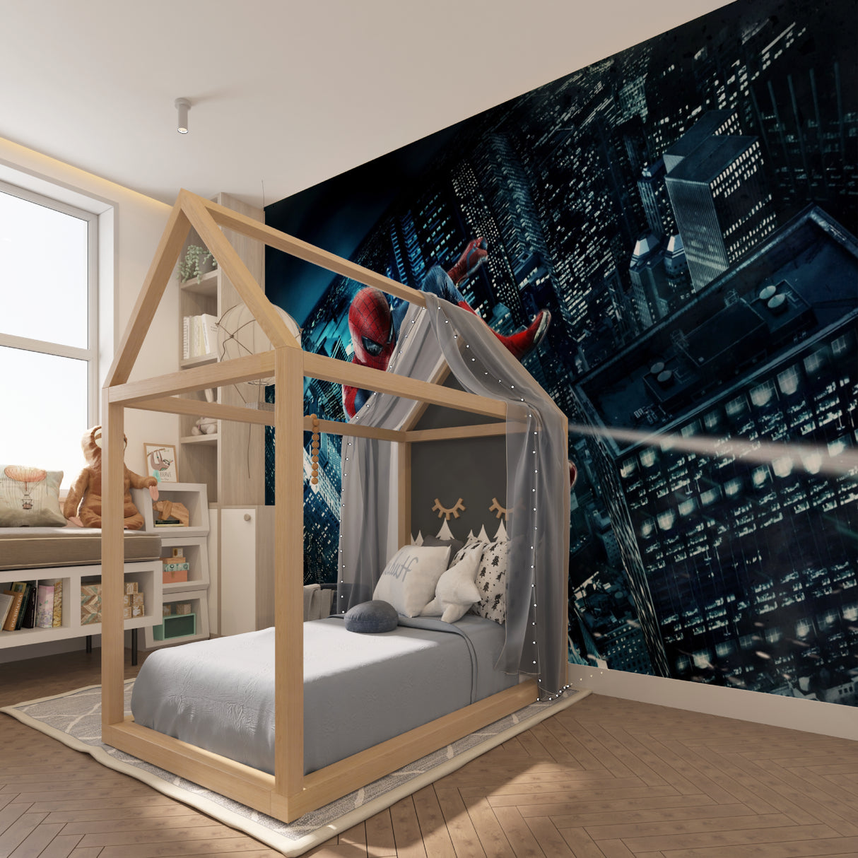 Night city superhero mural creates drama in boy's room with glowing skyscrapers