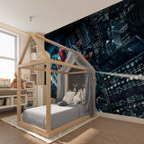 Night city superhero mural creates drama in boy's room with glowing skyscrapers
