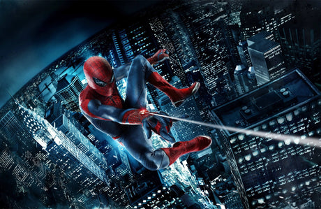Spider-Man design file showing detailed night cityscape pattern with web-slinger in action