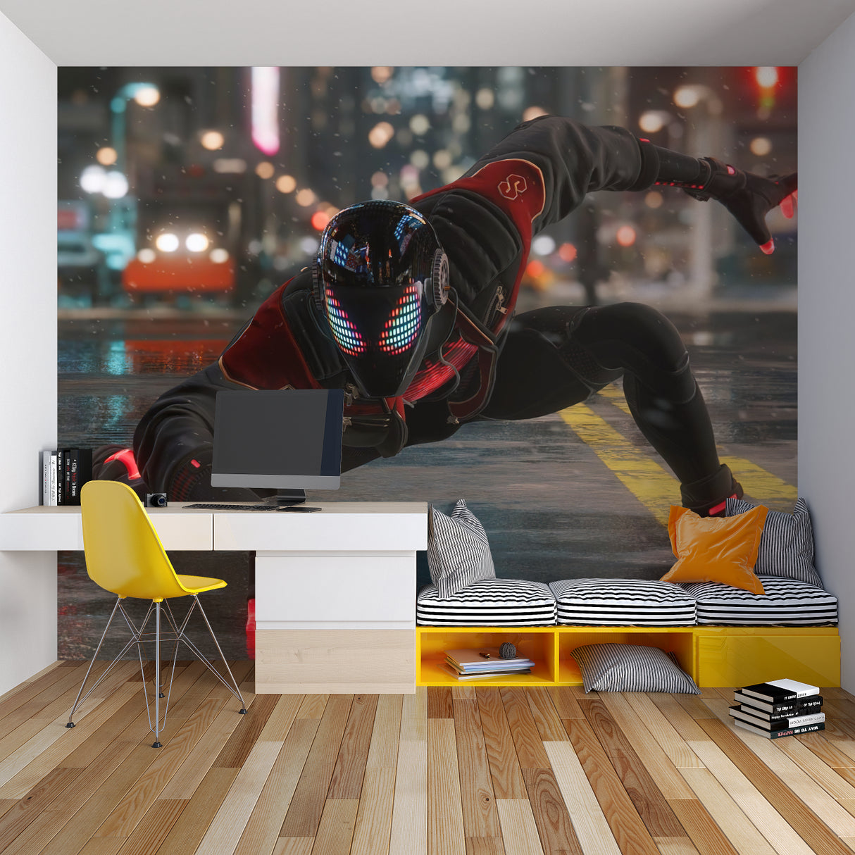 Superhero mural in gaming room showing Spider-Man swinging through city lights