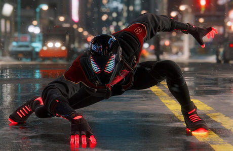 Spider-Man night city action design file showing detailed hero silhouette against neon skyline