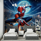 Spider-Man themed wallpaper in modern kids bedroom showing moonlit city backdrop