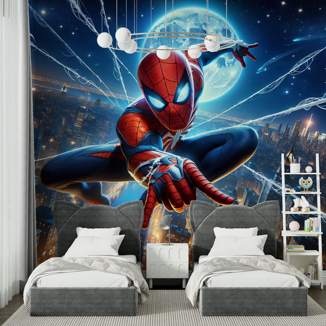 Spider-Man themed wallpaper in modern kids bedroom showing moonlit city backdrop