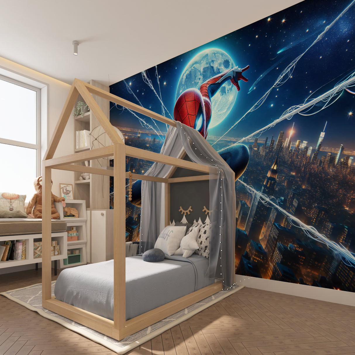 Superhero wall mural in gaming room with dramatic night city view