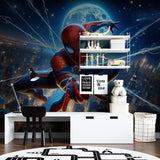 Comic book style wallpaper in teen bedroom showing urban night scene