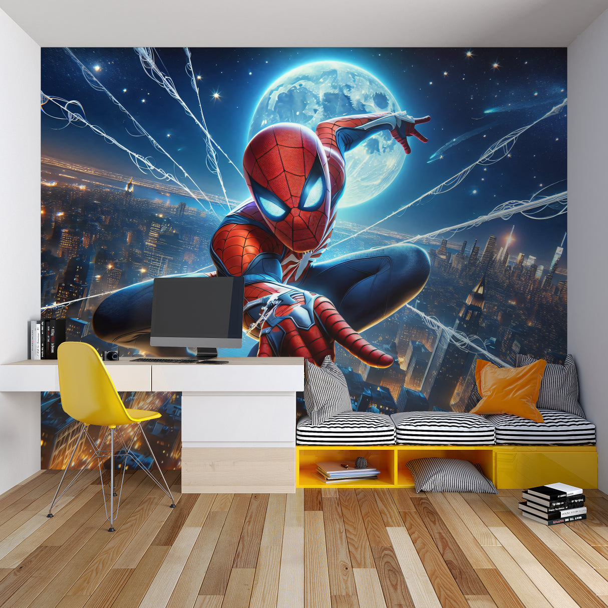 Spider-Man wall mural in playroom with glowing night city design