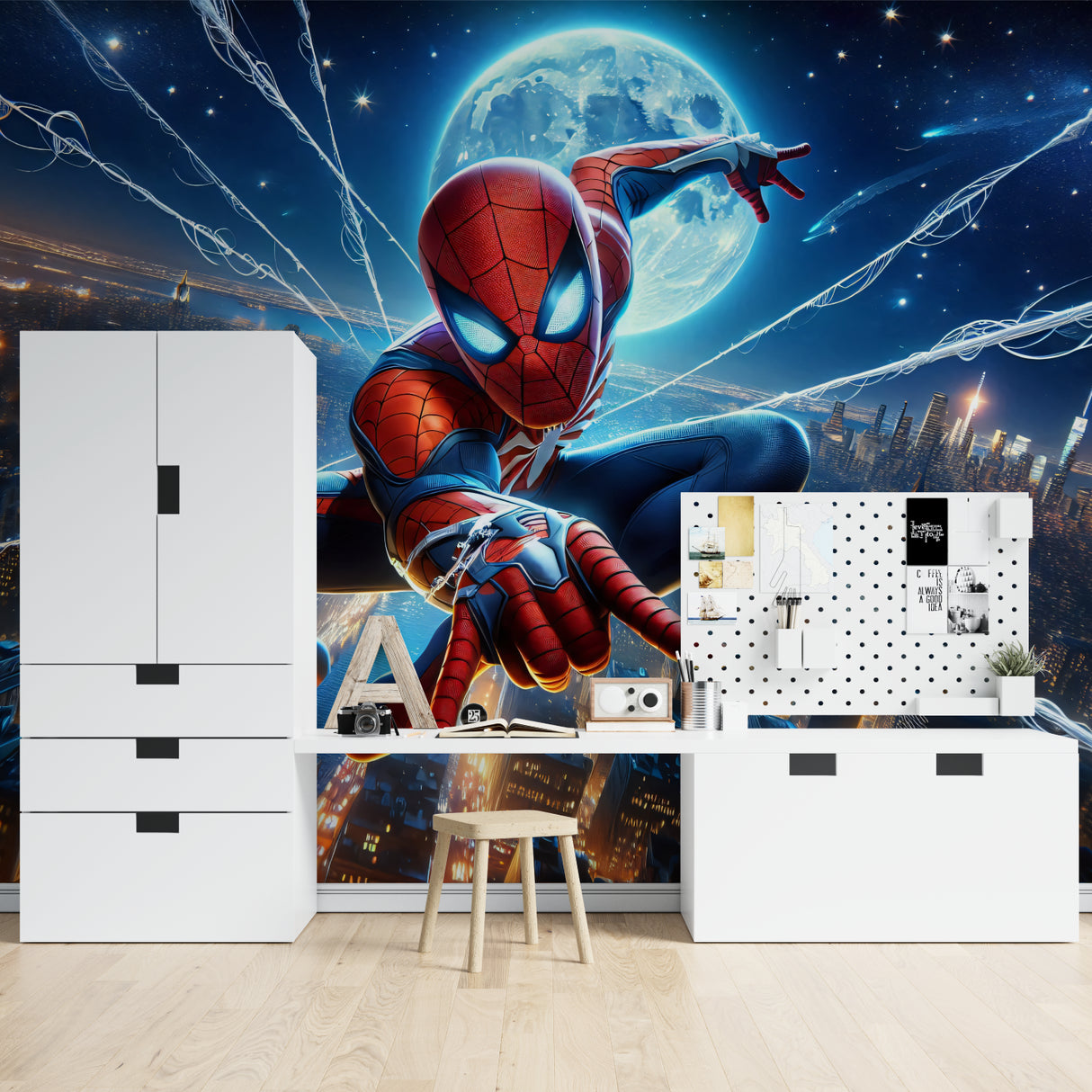 Superhero themed wallpaper in child's room with moonlit skyline