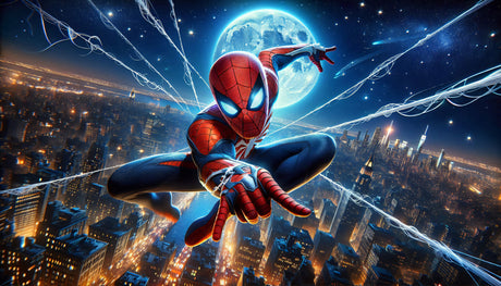 Design file showing Spider-Man night city wallpaper pattern with web details and urban backdrop