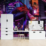 Spider-Man wallpaper mural styled in modern teen bedroom with gaming setup and LED lighting