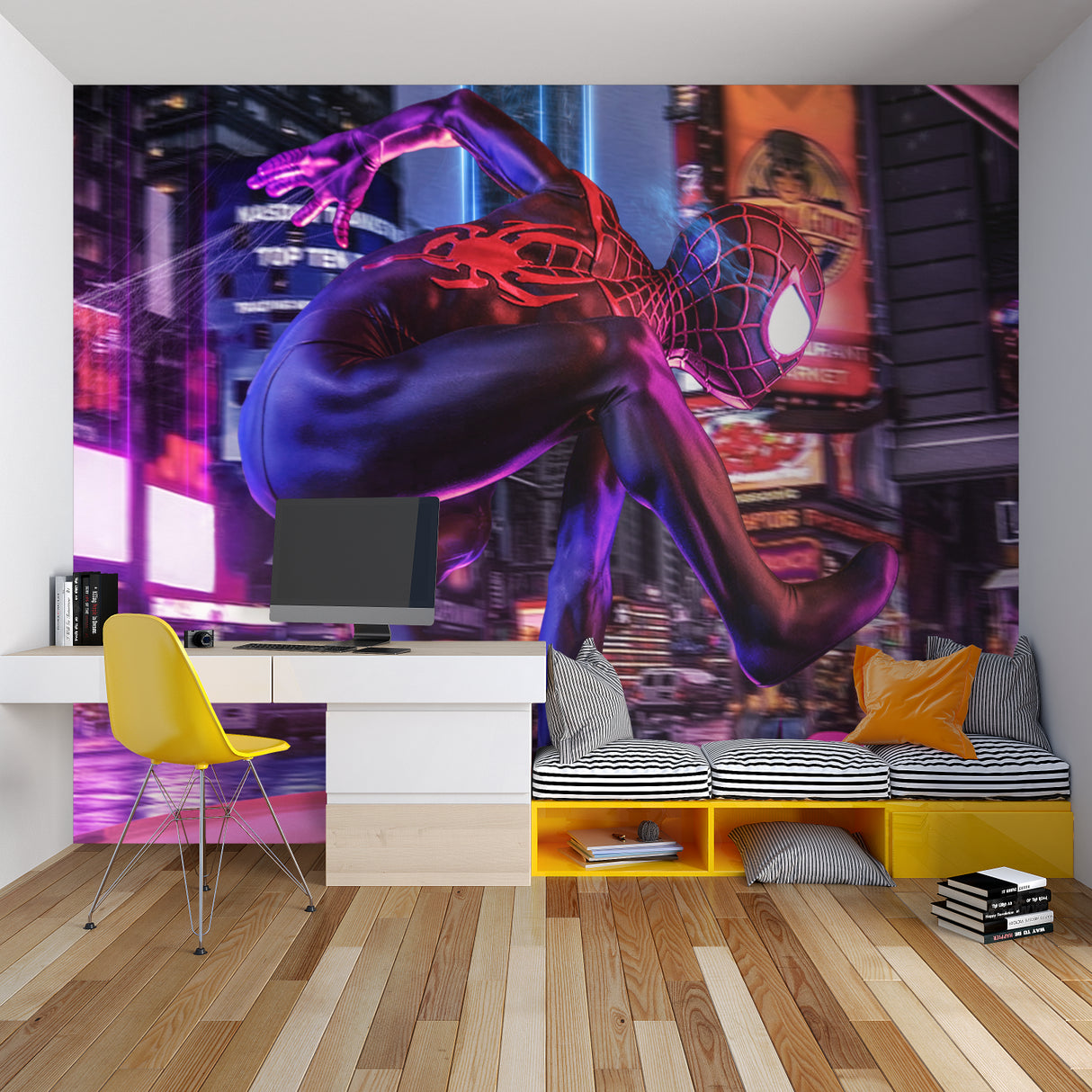 Comic art wallpaper displayed in gaming room with ambient lighting