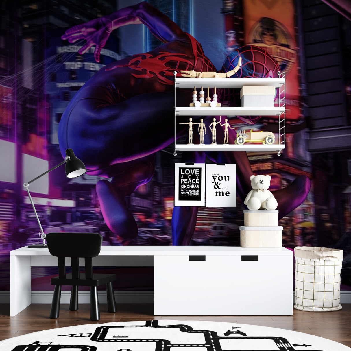 Superhero mural adding punch to home theater space with dark walls