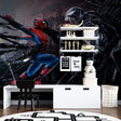 Spider-Man battle scene mural wallpaper showcased in a modern teen bedroom with gaming setup
