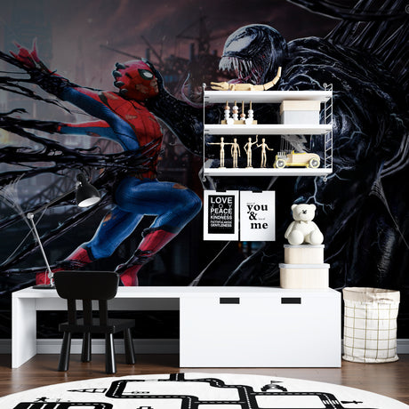 Spider-Man battle scene mural wallpaper showcased in a modern teen bedroom with gaming setup