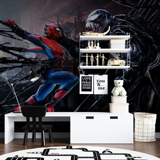 Spider-Man battle scene mural wallpaper showcased in a modern teen bedroom with gaming setup