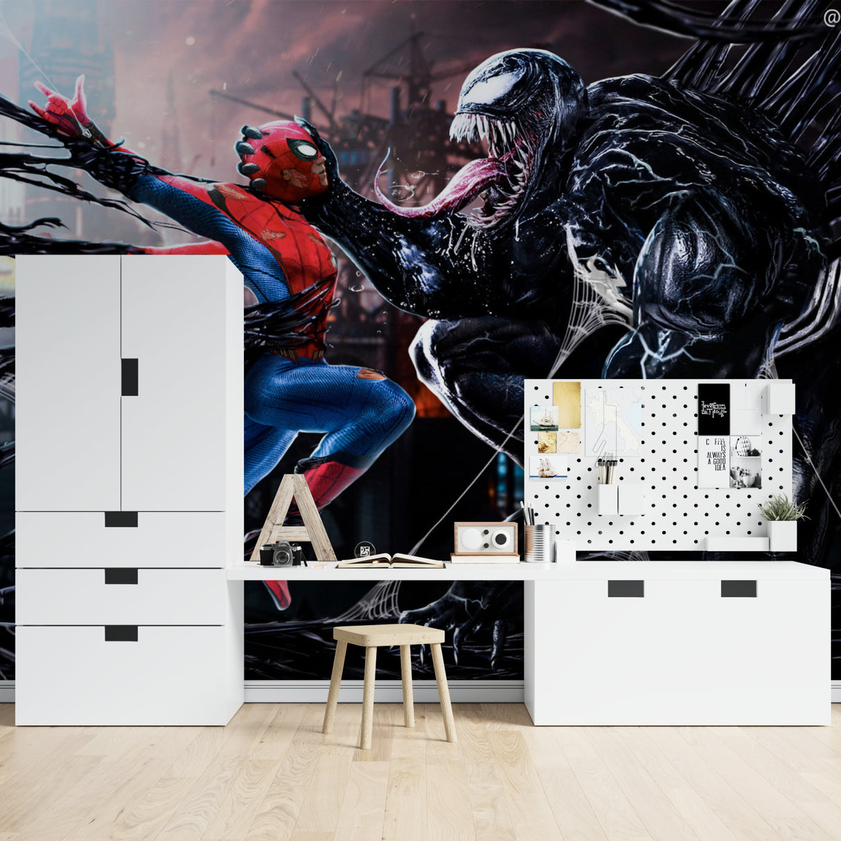 Superhero wall mural displayed in a spacious game room with dramatic lighting