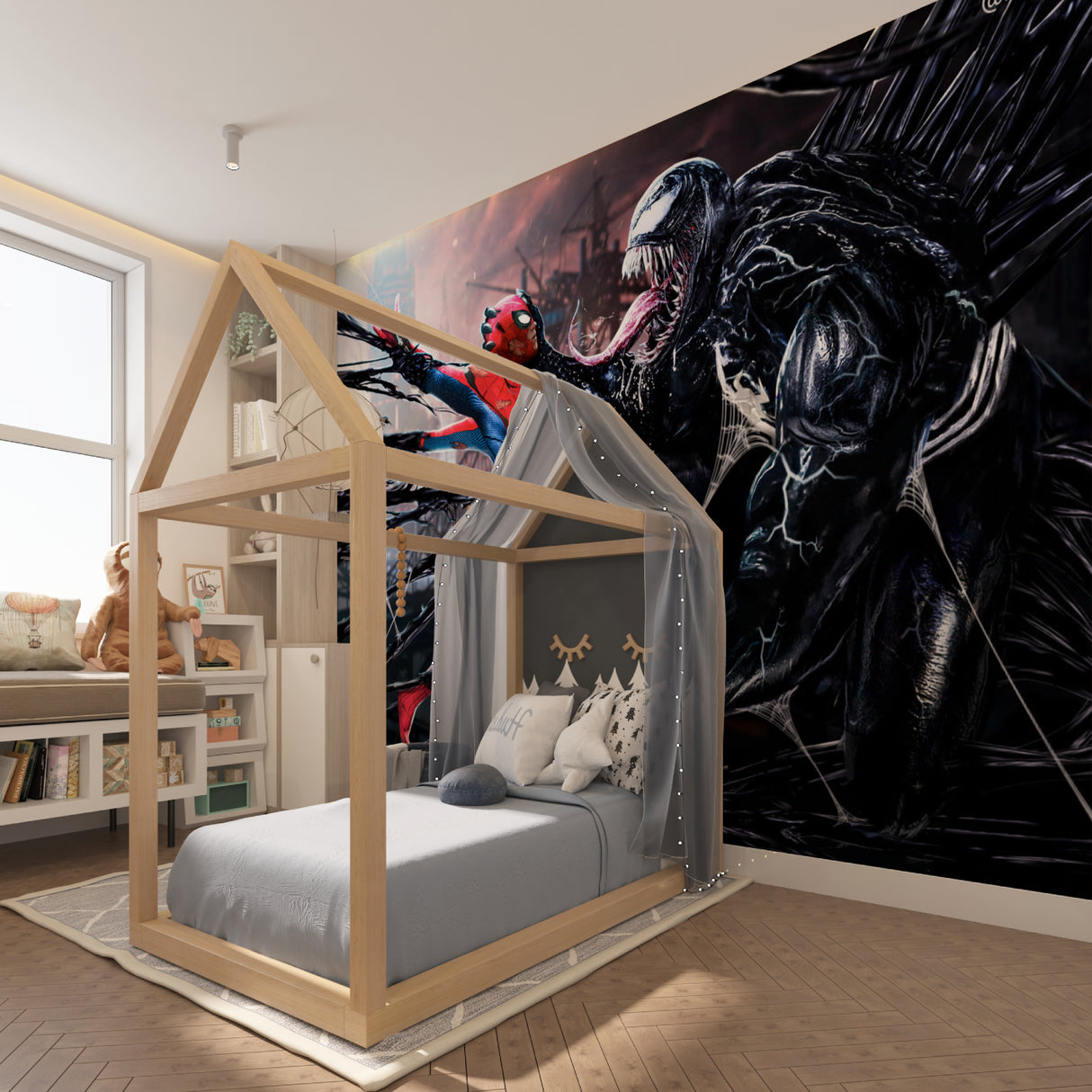 Comic book wallpaper bringing action to a stylish entertainment room