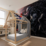 Comic book wallpaper bringing action to a stylish entertainment room