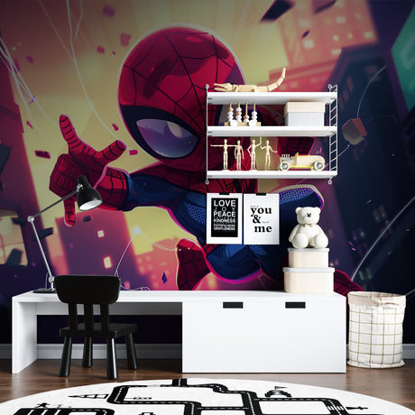 Superhero wallpaper mural bringing excitement to a modern kids bedroom with blue and red tones
