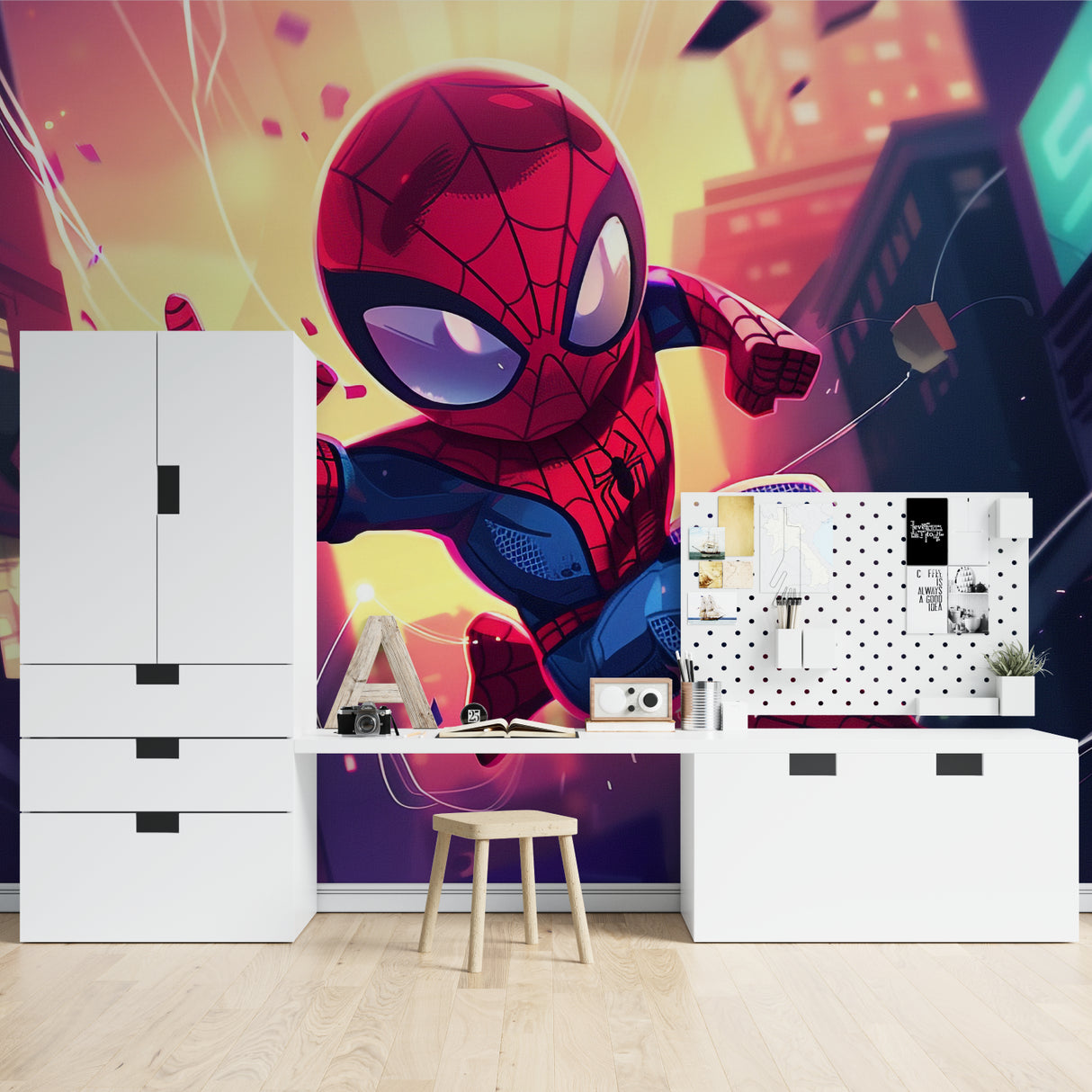 Spider hero wall mural showcased in a vibrant gaming room setup