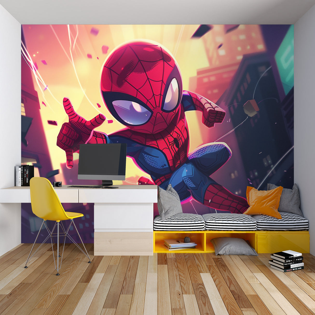 Comic style wall mural transforming a teen bedroom with action-packed design