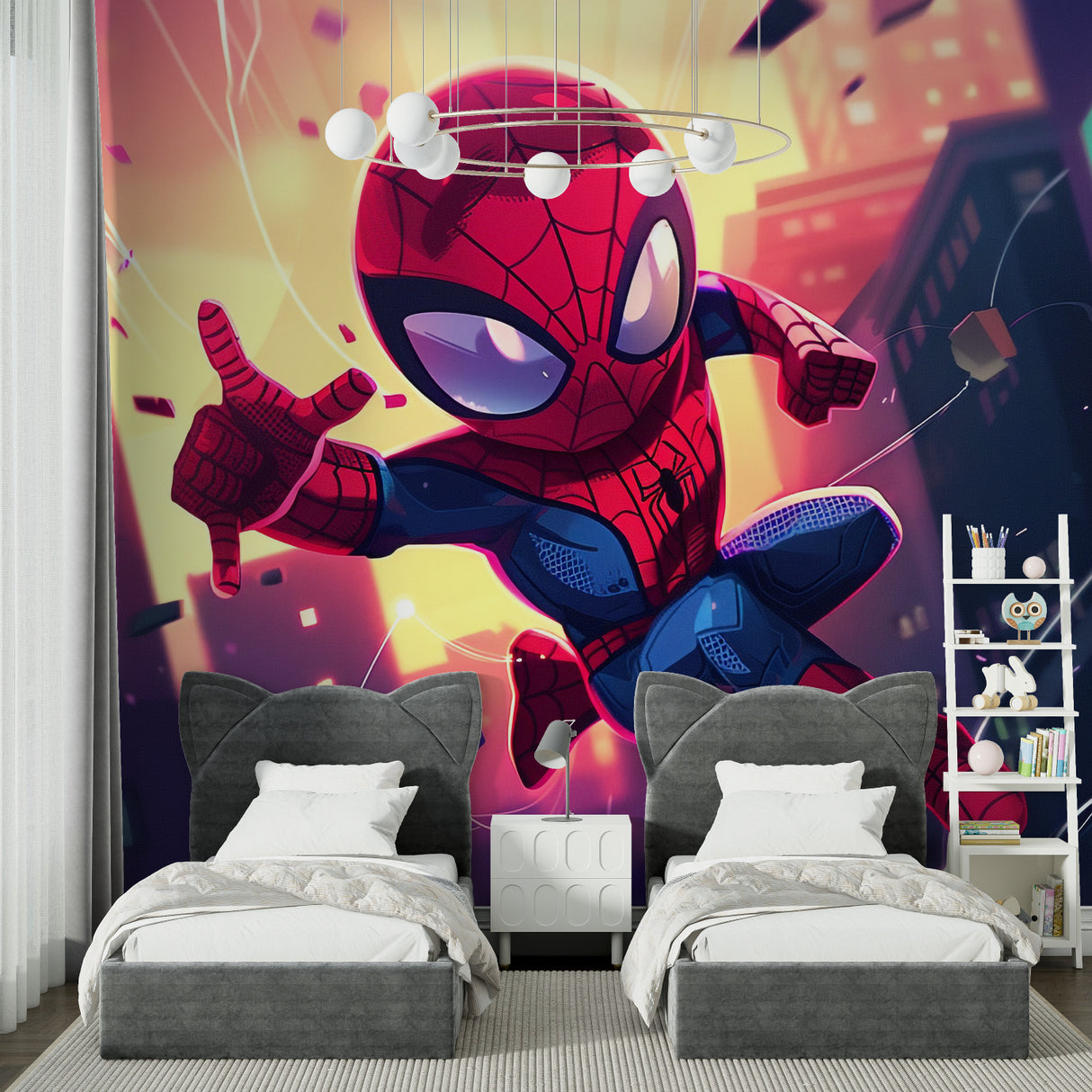 Superhero wallpaper creating an epic atmosphere in a modern playroom