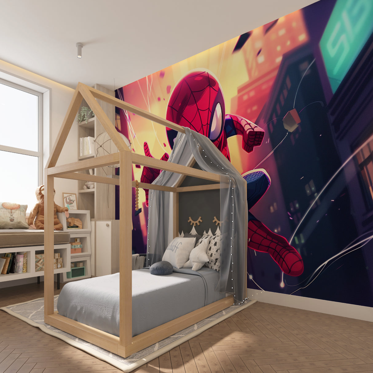 Spider themed mural wallpaper adding character to a child's study area