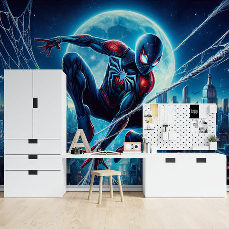 Superhero wall mural bringing adventure to a modern kids bedroom with blue and red web design against city lights