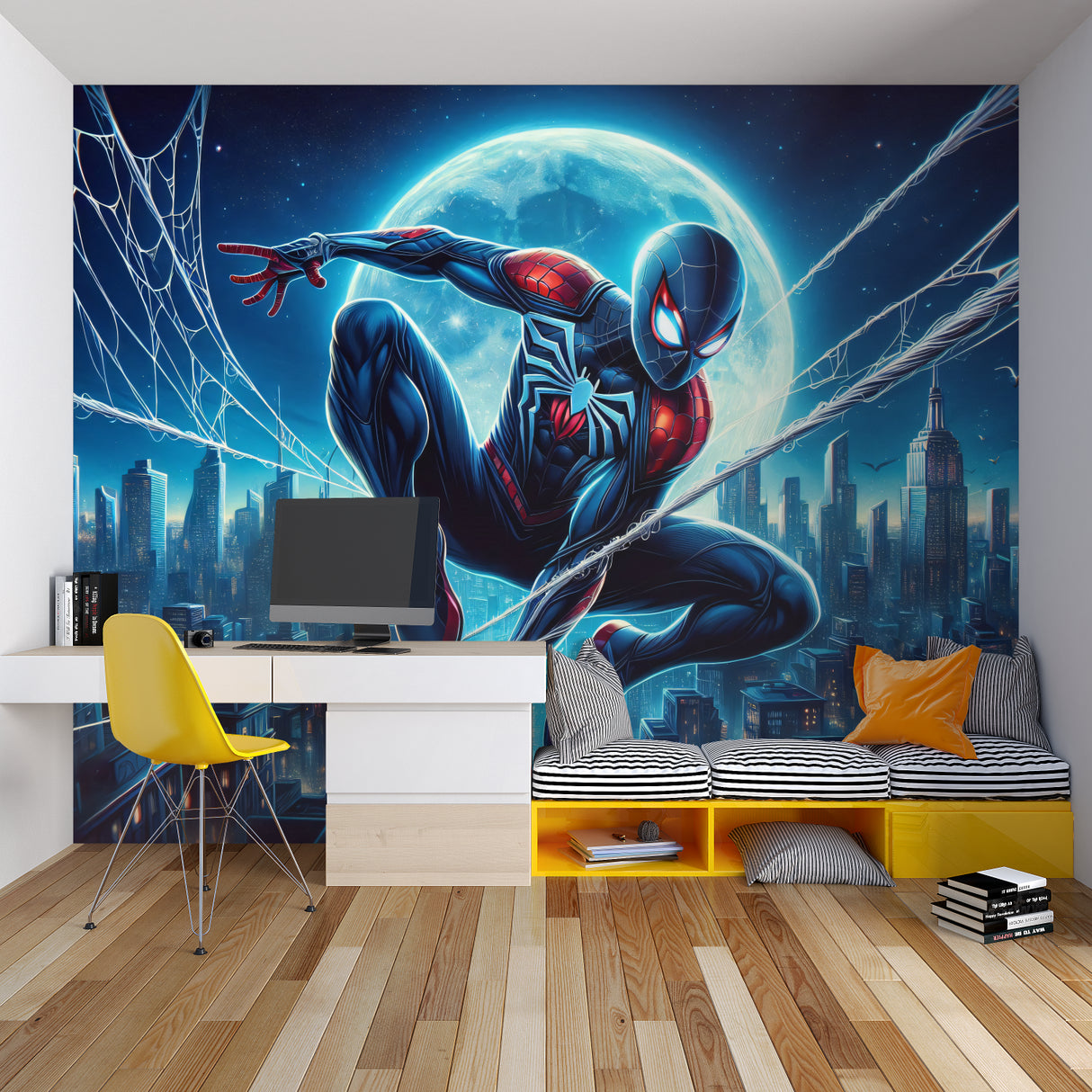 Superhero wallpaper transforming a study space with dynamic night city view and web details